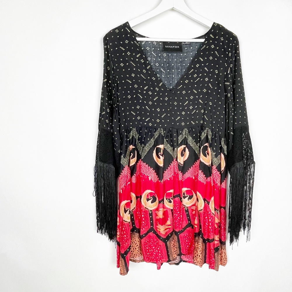 Mink Pink Top Size XS Asian Art Fringe Boho Black Multicolor
